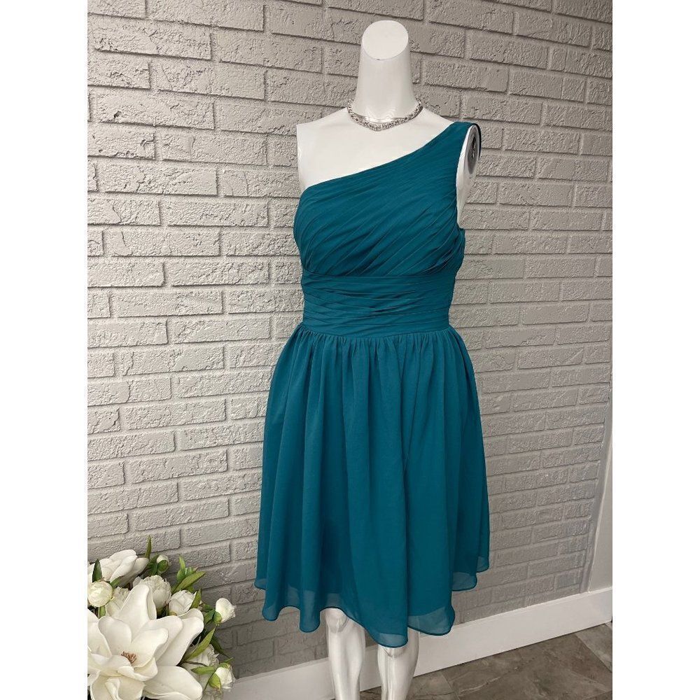 Zaxants Women’s One Shoulder Deep Teal Fit & Flare Dress Size S